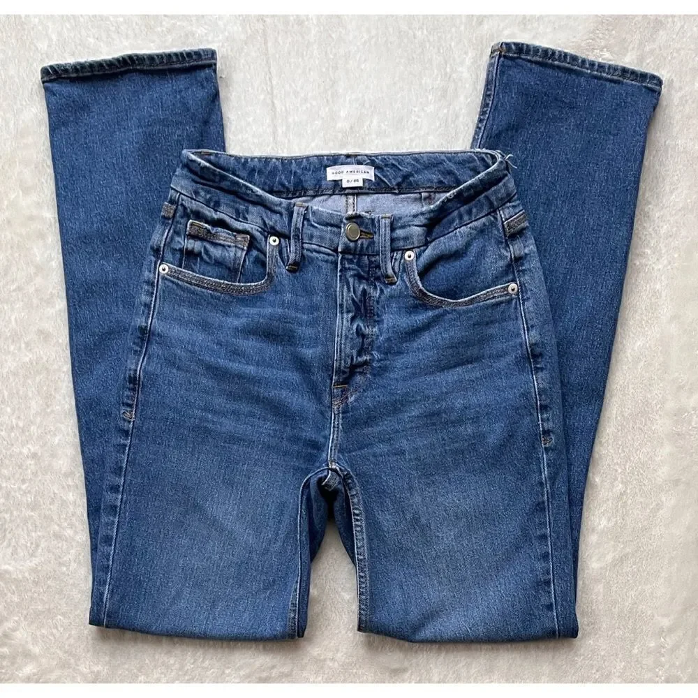 Good American Good 90s Icon Ripped Straight Leg High Rise Stretch Denim Jeans - Picture 9 of 16
